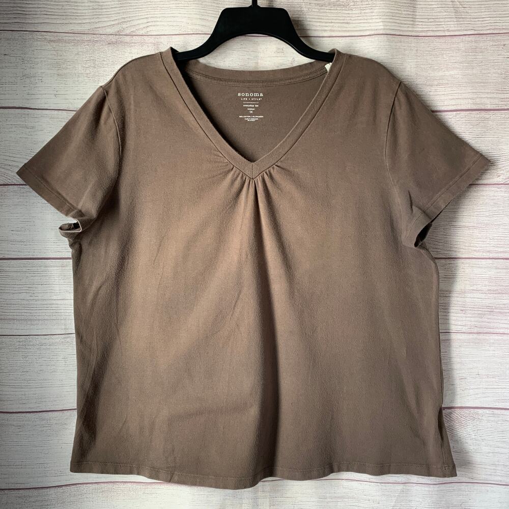 Sonoma Life + Style Brown Everyday Tee Shirt V-Neck Size 1X